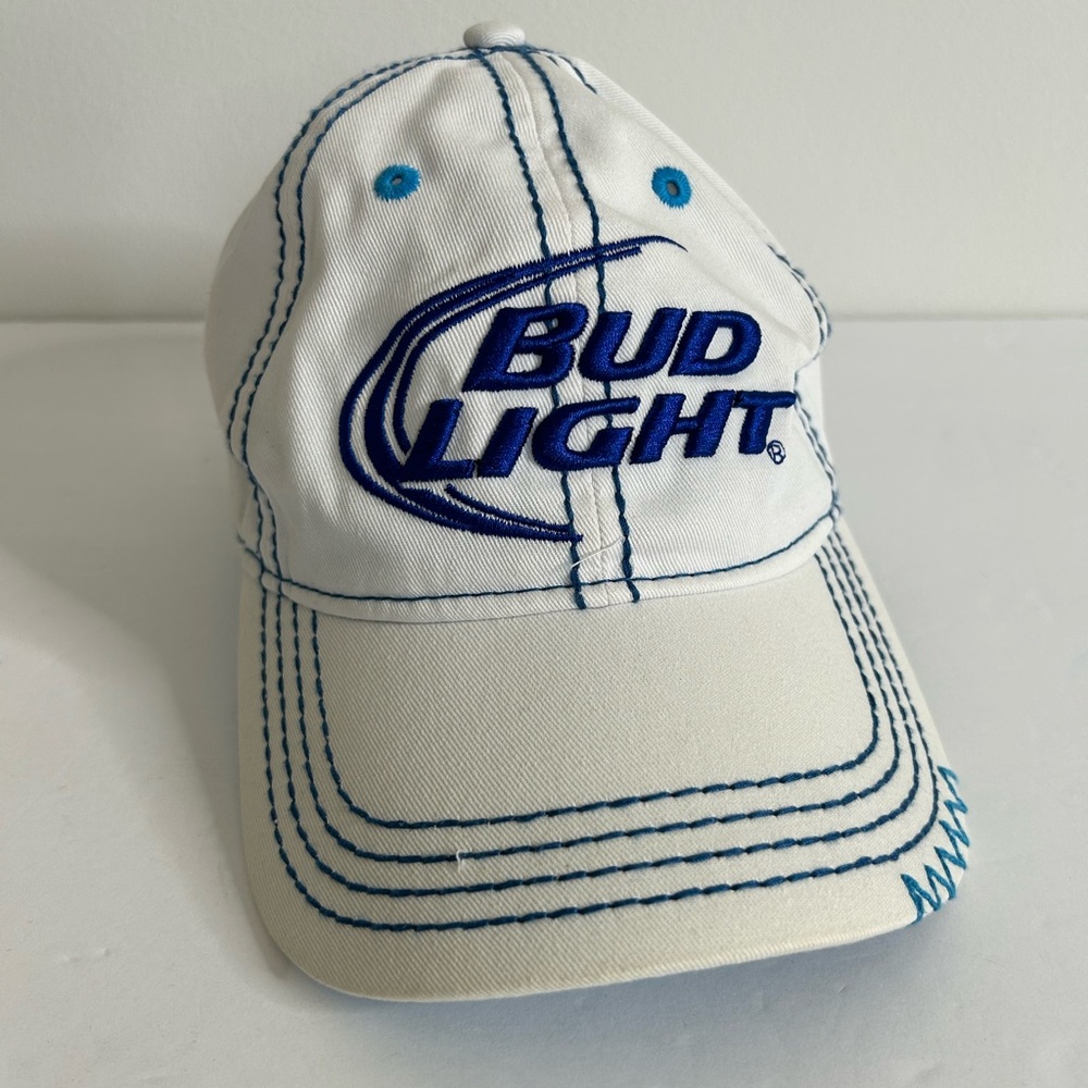 Adult unisex white & two toned blue Bud Lite hat / baseball cap